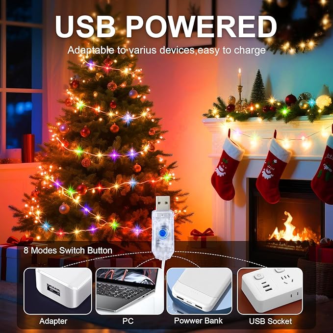2Pack USB Plug in Fairy String Lights,16ft 50 LED Copper with Remote and Timer, 8 Modes Waterproof Twinkle String Lights Battery Powered for Bedroom Indoor Party Wedding Christmas Decoration