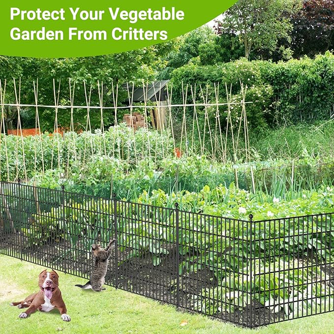 10 Panels No Dig Decorative Outdoor Garden Fence for Yard, 32 in(H) X 23.6 ft(L) Animal Barrier Fencing Rustproof Metal Wire Panel Border for Dog, Rabbits, and Patio Temporary Ground Stakes