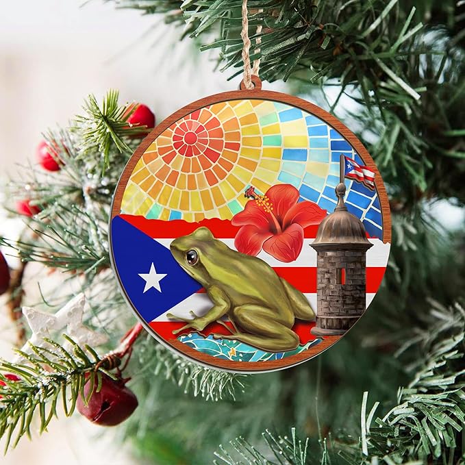 FLAGWIX Christmas Puerto Rico Gifts for Women Men - Coqui Frog Suncatcher Ornaments for Tree Decorations - Puerto Rico Christmas Ornament 2025, House Warming Gifts for Mom Dad, Friend Gift Ideas