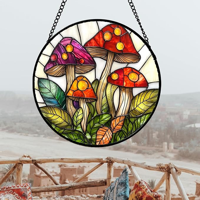 Stained Glass Window Hanging, Mushroom Leaves Suncatcher for Doors Home Sun Catchers Decoration and Christmas, Mother's Day Birthday Gifts for Women, Men, and Mom 14.9x14.9 in
