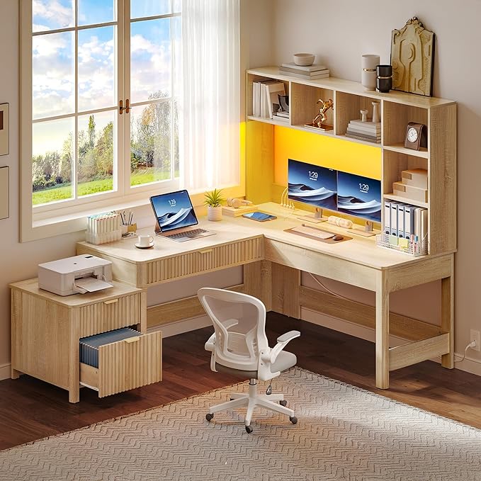 YITAHOME L Shaped Desk with Hutch and Drawers, 67" Computer Desk Gaming Desk with Power Outlets & LED Lights, Wood Home Office Desk with Printer Stand, Fluted Sturdy Writing Workstation, Natural Oak