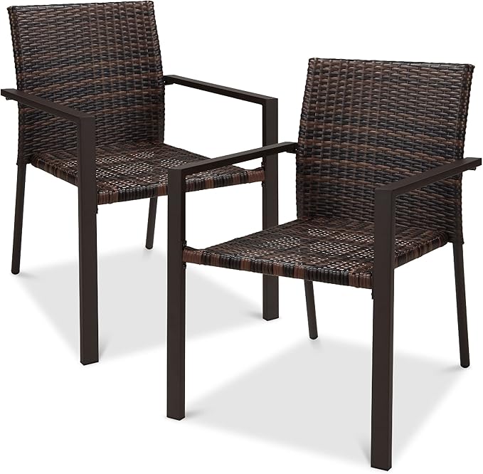 Best Choice Products Set of 2 Stackable Outdoor Wicker Dining Chairs All-Weather Firepit Armchair w/Armrests, Steel Frame for Patio, Deck, Garden, Yard - Brown