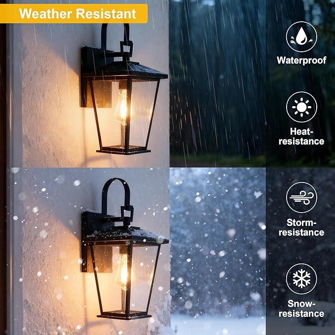 Kalium Outdoor Wall Lights Fixtures Lantern Frame 16 1/8", Outside Lights Black Transitional Durable Metal, Clear Glass for Post Exterior Barn Deck House Porch Yard Patio Garage Garden