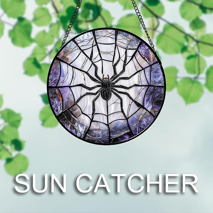 Stained Glass Window Hanging Funny Black Spider 11.8" - Suncatcher Door Garden Sunroom Sun Catcher Fall Decor Birthday Halloween for Friend Mom Men Woman Nana