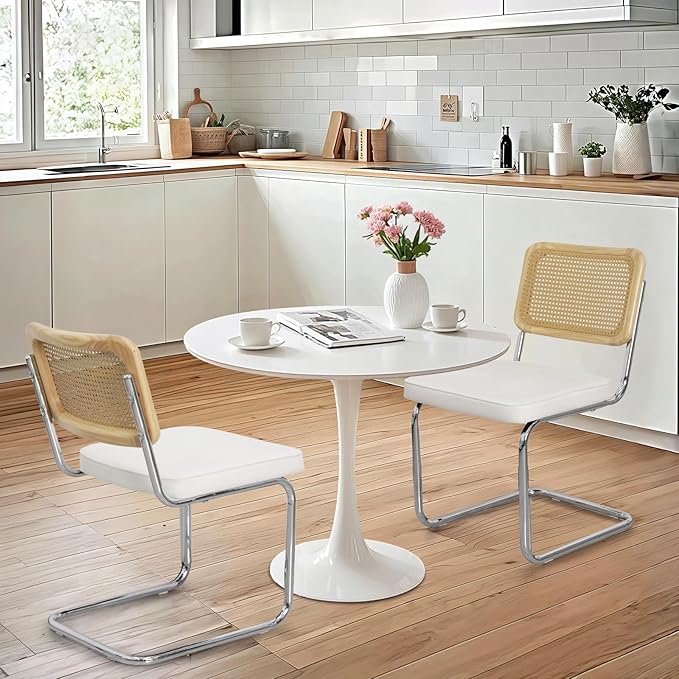 SoarFlash Kitchen Table and Chairs for 2, 31.5" Dining Table Set for 2 with Velvet Upholstered Chairs, 3 Piece Round Kitchen Table Set, Dining Room Table Set for Small Space, Apartment, Beige/White