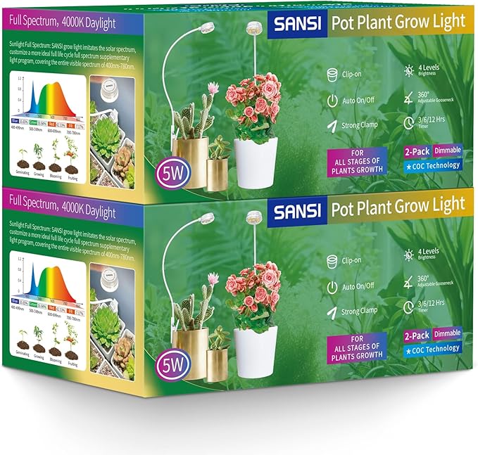 SANSI Grow Lights for Indoor Plants, ETL Listed Pot Clip LED Plant Lights for Indoor Growing, Full Spectrum, 4-Level Dimmable, Auto On Off 3 6 12 Hrs Timer for Small Plants, Garden White 5V 4-Pack