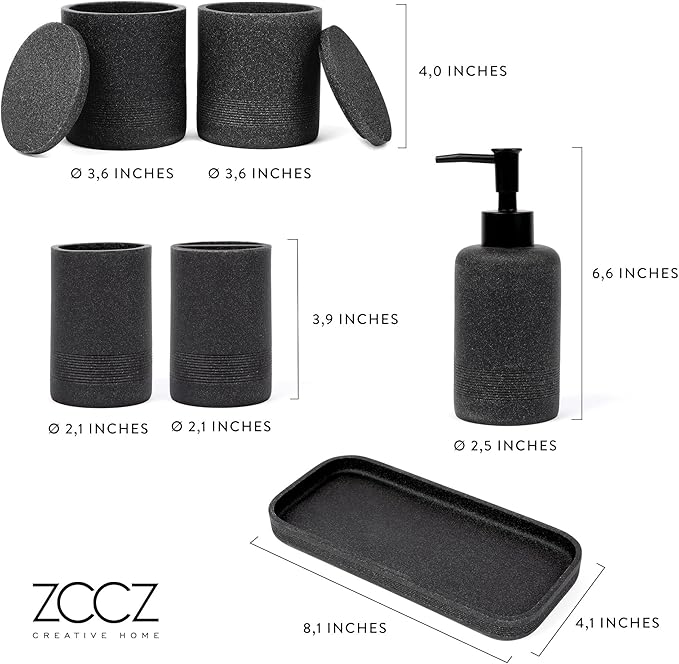 ZCCZ Black Stone Bathroom Accessories Set 6 Pieces - Toothbrush Holder, Lotion Dispenser, Qtip Container, Vanity Tray, Tumbler - Countertop Organizer for Bathrooms - Elegant and Functional Décor Set