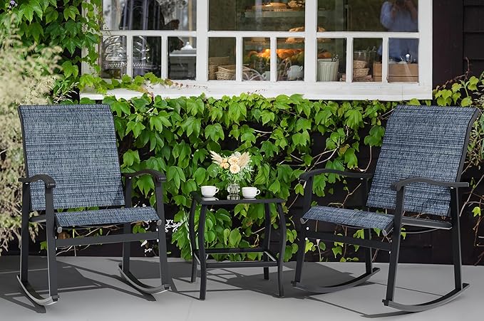 Vongrasig 3 Piece Outdoor Rocking Bistro Set, Textilene Fabric Small Patio Furniture Set, Front Porch Rocker Chairs Conversation Set with Glass Table for Lawn, Garden, Balcony, Poolside (Denim Blue)