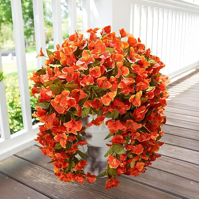 Bougainvillea Artificial Flowers Plants for Outdoors Outside Fall Autumn Decor, 2 pcs Faux Silk Long Trailing Vines UV Resistant Look Real Orange Fake Flowers for Front Door Porch Planter Urn Patio