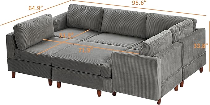 127.5" L/U-Shaped Sectional Couch with Movable Ottoman & 6 Removable Back Cushion, Corduroy Fabric Upholstered 6 Seat Modular Sleeper Sofa,DIY Free Combination Couches for Living Room,Grey