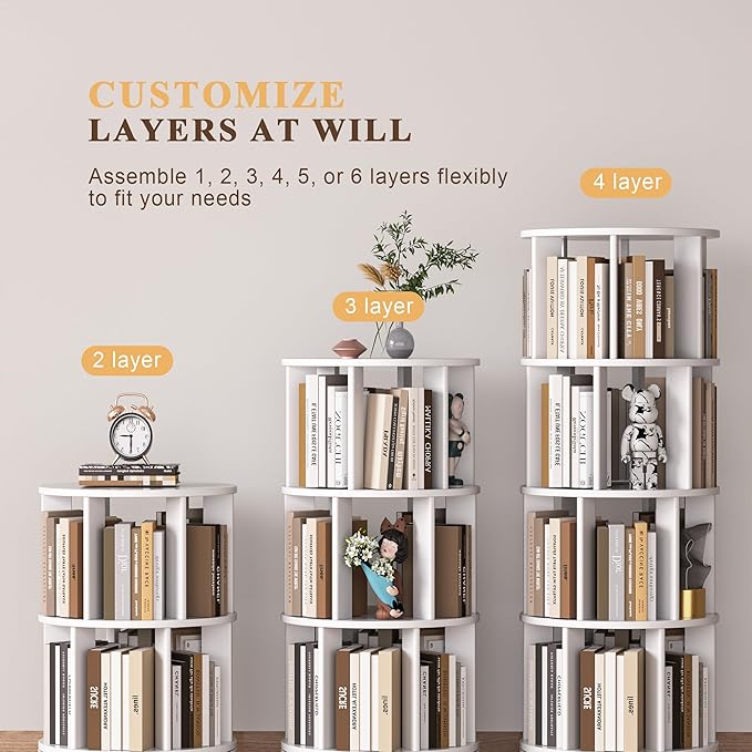 4-Tier Rotating Bookshelf, 360° Spinning Stackable Bookcase, Freestanding Bookshelf for Home Office Study Room Bedroom Living Room