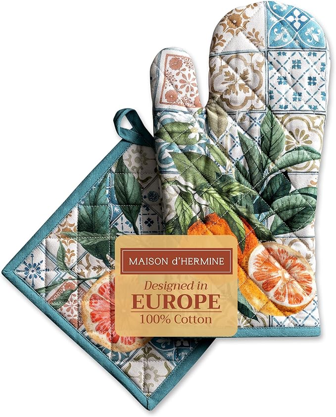 Maison d' Hermine 100% Cotton Oven Mitt & Pot Holder Set (7.5"x13" & 8"x8") Heat Resistant BBQ Cooking Gloves with Loop, Baking, Grilling, Kitchen, Handling Hot Pans Spring/Summer (Agrume)