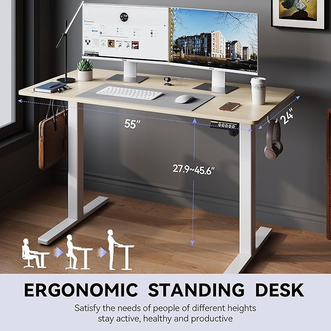 Electric Standing Desk Adjustable Height 55"x24" Stand Up Desk with Lockable Wheels Ergonomic Sit Stand Desk for for Work Office Home Computer Workstation (Wood)