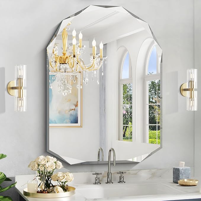 KOCUUY 30"x40" Frameless Mirror, Arched Shape with Diamond-Shaped Beveled Edge,Unframed Decorative with Upgraded Shatterproof Glass,Unique Frameless Mirror for Bathroom,Living Room,Bedroom