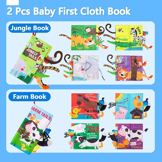 beiens Baby Books 0-6 Months, 2PCS Baby Toys 0-3-6-12-18 Months, Touch Feel Sensory Cloth Crinkle Soft Books, Tummy Time Stroller Infant Newborn Toys, Boy Girl Shower Gifts