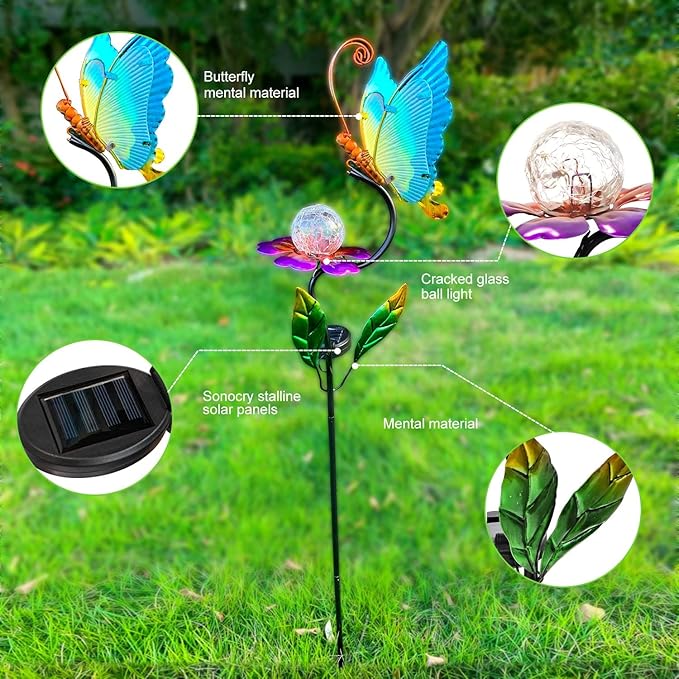HONGLAND Solar Butterfly Garden Lights, Outdoor Lights Garden Decor for Outside, Flower Yard Decorations, Metal Yard Art for Patio Decor, Gifts for Mom