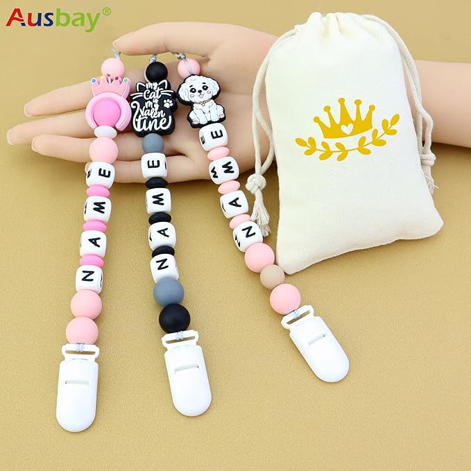 Personalized Pacifier Clip with Name, Custom Animal Pacifier Clip for Baby, Personalized Silicone Pacifier Holder - Boy and Girl Gift (Pink)