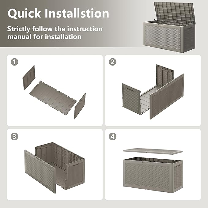 Outdoor Storage Box, Resin Deck Boxes Indoor and outdoor, Waterproof Storage Box Lockable Lid (Grey, 100 Gallon)