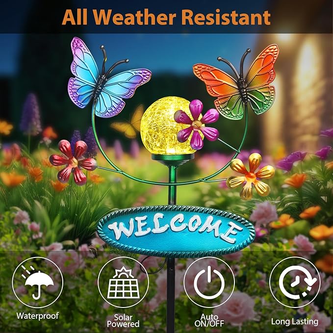 Solar Garden Stakes Metal Welcome Signs for Outside 28.1' - 2 Flying Butterflies with Cracked Glass Ball,Decorative Garden Stakes for Lawn, Patio, Butterfly Gifts for Women