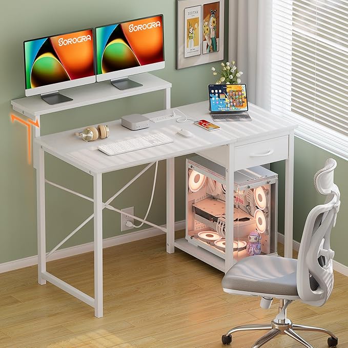 Computer Desk with Adjustable Monitor Stand, 47.2 in Small Desk with Reversible Storage Shelves, Office Desk with Spacious Desktop Spaces for Home Bedroom Workstation, White