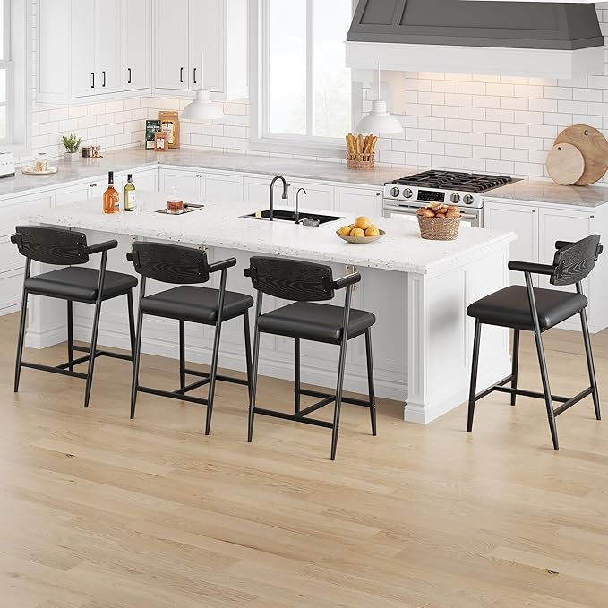 GarveeHome Counter Height Bar Stools Set of 2 with Arms, 26" Upholstered Modern Bar Stools Set with Wood Back & Footrest for Kitchen Island, Counter Bar, Wider Seat, Easy Assembly,Retro Black