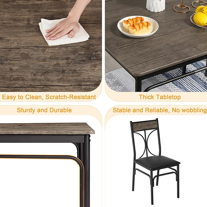 VECELO 5-Piece Dining Table Set for Home Kitchen Small Space Breakfast Nook, 4 Faux Leather Metal Frame Chairs,Rustic Brown,Set for 4