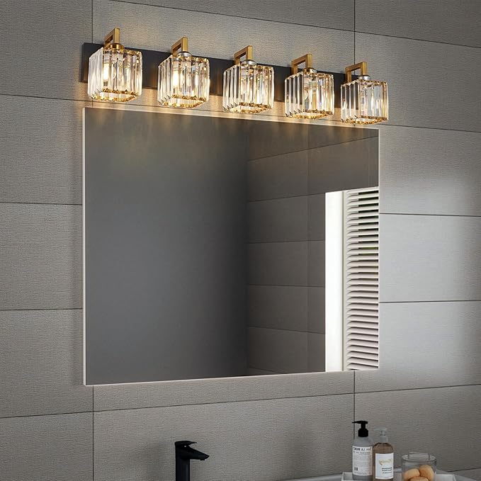 Modern Bathroom Vanity Light 5-Lights Black Gold Crystal Wall Lamp Bathroom Modern Crystal Vanity Lighting