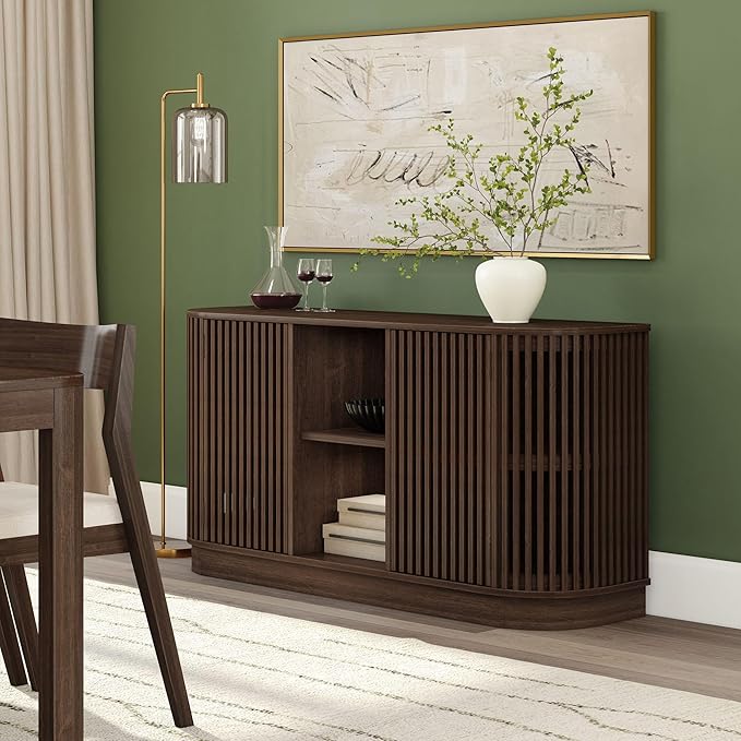 Plank+Beam Contour Wood TV Stand, Two Door Solid Wood Entertainment Console with Storage, 59" L x 16" W x 30" H, Walnut