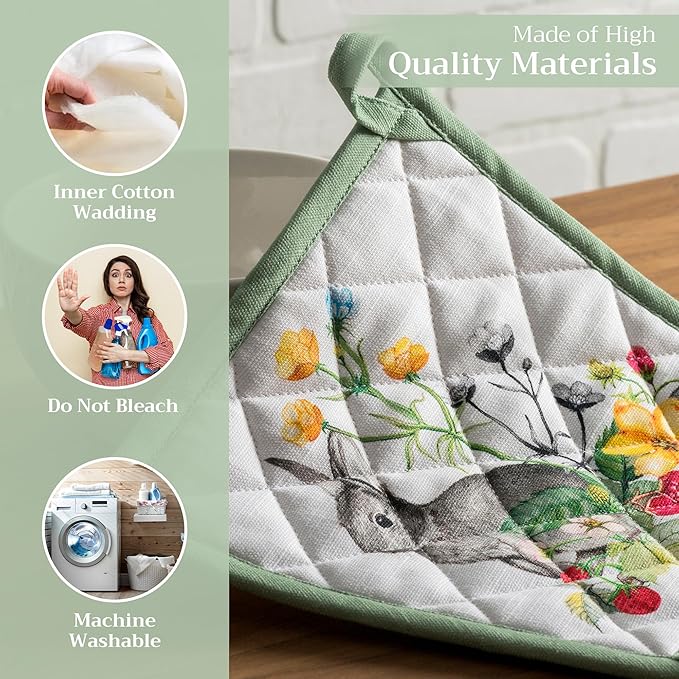 Maison d' Hermine Pot Holders Set 100% Cotton Heat Resistant Potholders 8" x 8" Hot Pads with Loop BBQ, Cooking, Baking, Grilling, Kitchen, Handling Hot Pans Spring/Summer (Pack of 2, Printemps)