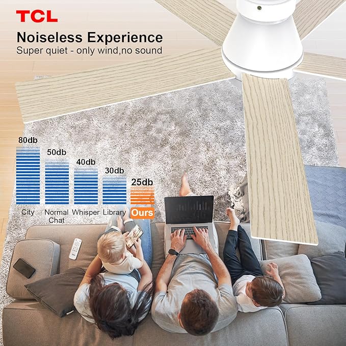 TCL 52" Modern Ceiling Fan with Lights, 5 Blades, 6 Speeds DC Reversible, Dimmable, White Flush Mount for Bedroom, Living Room and Garage