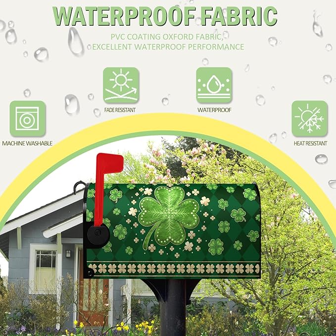 St Patrick's Day Mailbox Cover Magnetic Large Size 25.5 X 21 Inch Green Shamrock Clovers Magnetic Mailbox Covers Oversized Spring Post Letter Box Cover Wraps for Outside Garden Decor