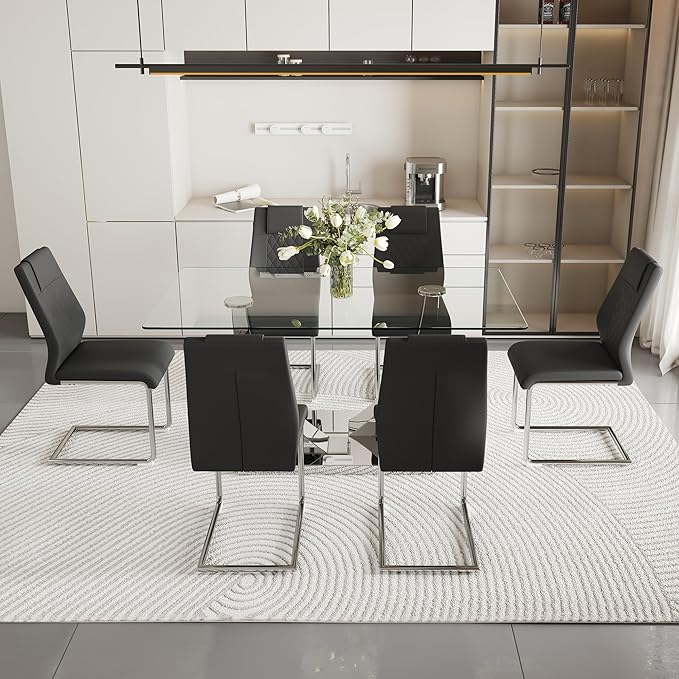 AZmac 63” Glass Dining Room Table Set for 6, Modern Kitchen Table and Chairs Set of 6, Dining Sets with Rectangular Tempered Glass and Sturdy Silver Chrome Base, for Kitchen Home