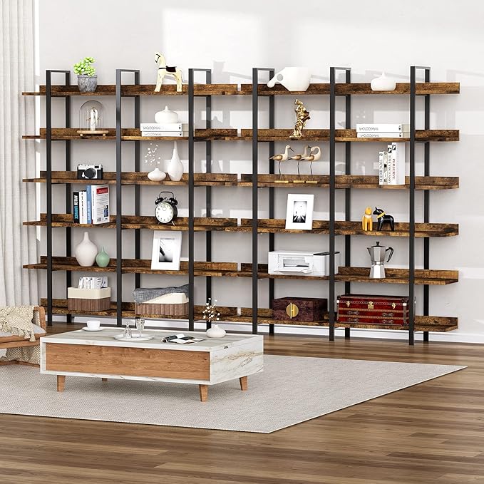 FRAPOW 83Inch Industrial Bookshelf and Bookcase, Double Wide 6 Tier Large Vintage Book Shelf with Metal Frame Open Bookshelves for Living Room Home Office