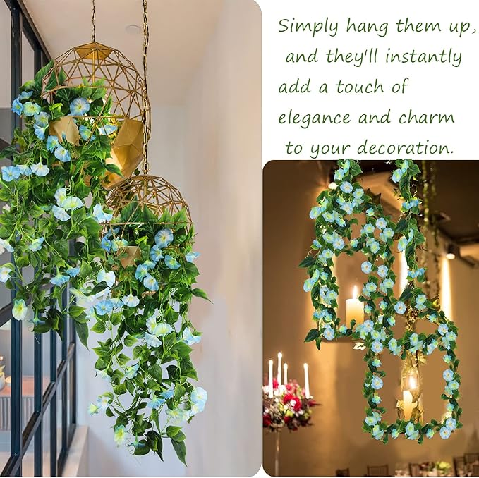 CISDUEO 2 Pcs Artificial Vines for Outdoors Silk Morning Glory Vines 15Feet Hanging Plants Blue Flowers Garland Fake Green Plant Morning Glories for Home Decor Wall Fence Wedding Hanging Baskets