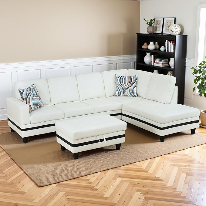 Osparple L Shaped Couch PU Leather Sectional Couch Upholstered 3 Pieces Sofas for Living Room with Chaise, Ottoman with Storage for Office and Small Apartment, Black and White