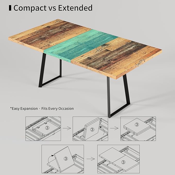 ZckyCine Extendable Dining Table Set 47"-63", Rustic Wood Table with 6 PU Leather Chairs, Modern Scandinavian Dining Room Furniture for Kitchen Apartment
