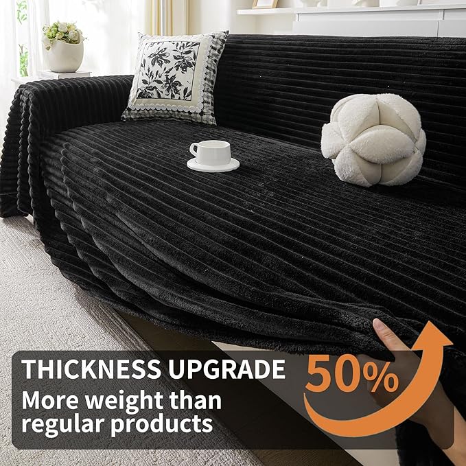 HAOMAIJIA Faux Fur Sofa Covers Couch Covers for 2 Cushion Couch Sofa Pet Friendly Soft Non Slip Couch Cover for Dogs Washable Sectional Couch Covers L Shape Furniture Protector (Black, 91"x118")