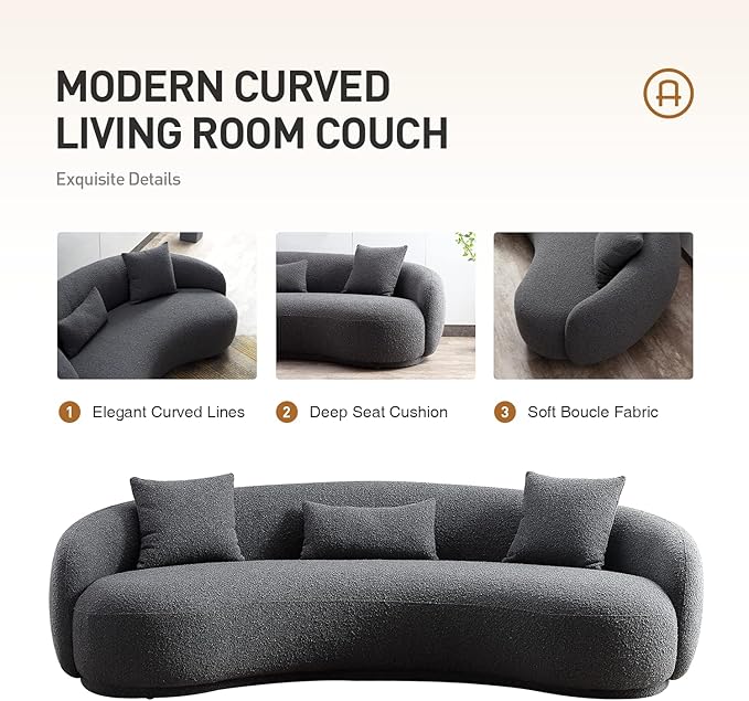 Acanva Mid Century Modern Curved Living Room Sofa, 4-Seat Boucle Fabric Couch for Bedroom, Office, Apartment, Grey