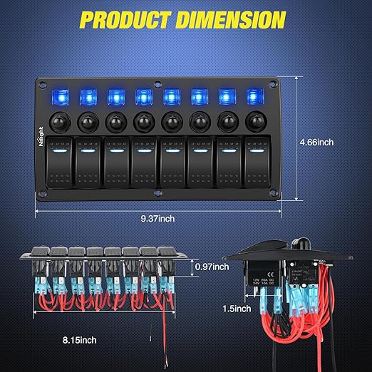Nilight 8 Gang Rocker Switch Panel Waterproof Pre-Wired Marine with Resettable Circuit Breaker LED Backlight 5A 10A 15A Breakers 12V 24V ON Off 3 PIN Toggle Switches for Car Truck Boat RV