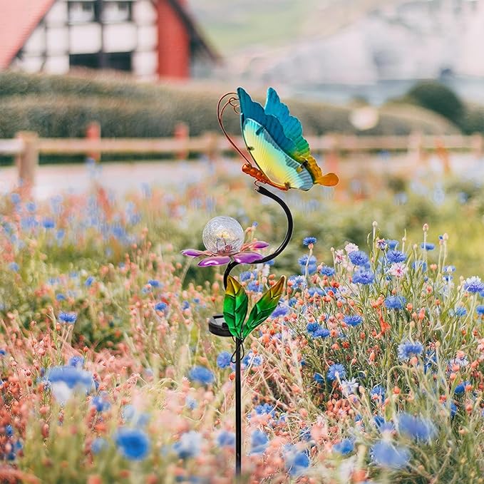 HONGLAND Solar Butterfly Garden Lights, Outdoor Lights Garden Decor for Outside, Flower Yard Decorations, Metal Yard Art for Patio Decor, Gifts for Mom