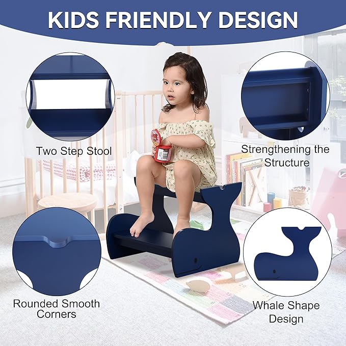 Wood Step Stools for Kids, Child Two Step Stool of Whale Shape, Toddler Step Stools Potty Training Stool, Easy to Move Safety for Kitchen, Bathroom, Bedroom, Toilet
