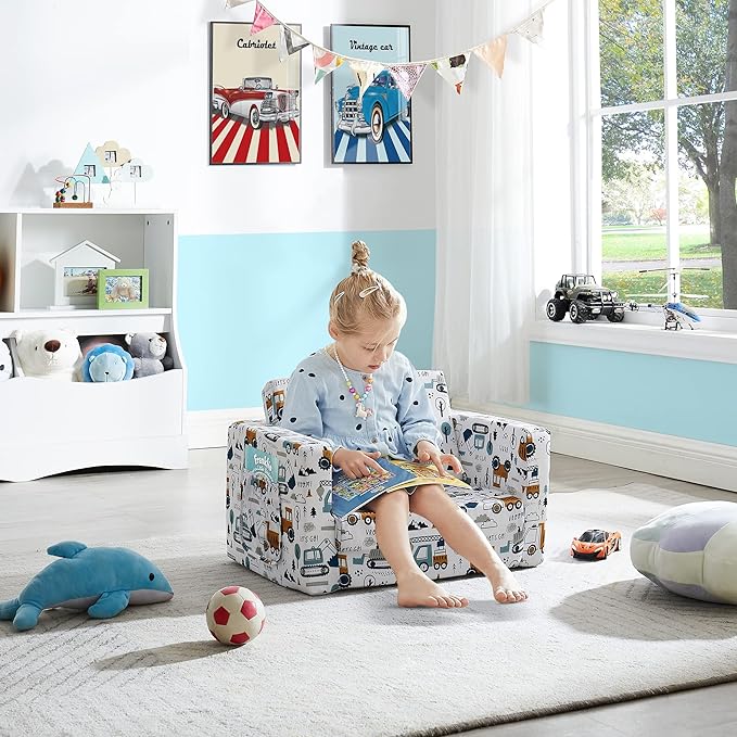 Ulax furniture Kids Sofa Couch, Children Flip-Out Chair 2-in-1 Toddler Chairs Convertible Sofa to Lounger, Children Furniture for Playroom