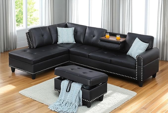 98 Inch L Shaped Sectional Sofa with Chaise Lounge, Storage Ottoman and 2 Pillows, 4-Seaters Faux Leather Upholstered Tufted Couch w/Cupholder & Nailhead Trim for Living Room, Office, Black
