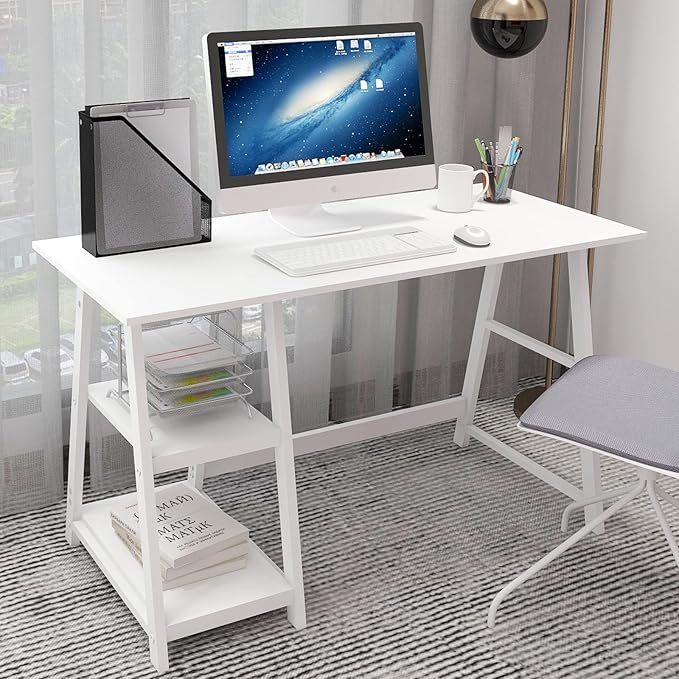 Natwind 47" White Desk with 2-Tier Storage Shelves,Home Office Computer Desk, Study Table for Kids Student Girls,Writing Desk,Modern Simple Basic Desk Workstation for Bedroom Home Office