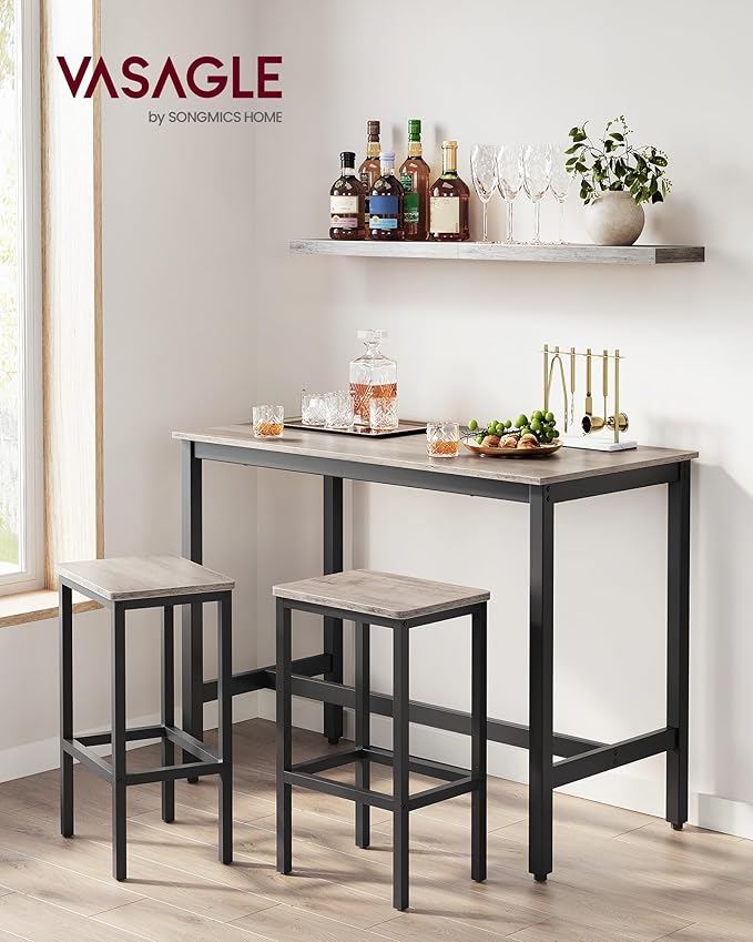 VASAGLE Bar Table Set, Bar Table with 2 Bar Stools, Dining table set, Kitchen Counter with Bar Chairs, Industrial for Kitchen, Living Room, Party Room, Greige and Black ULBT015B02