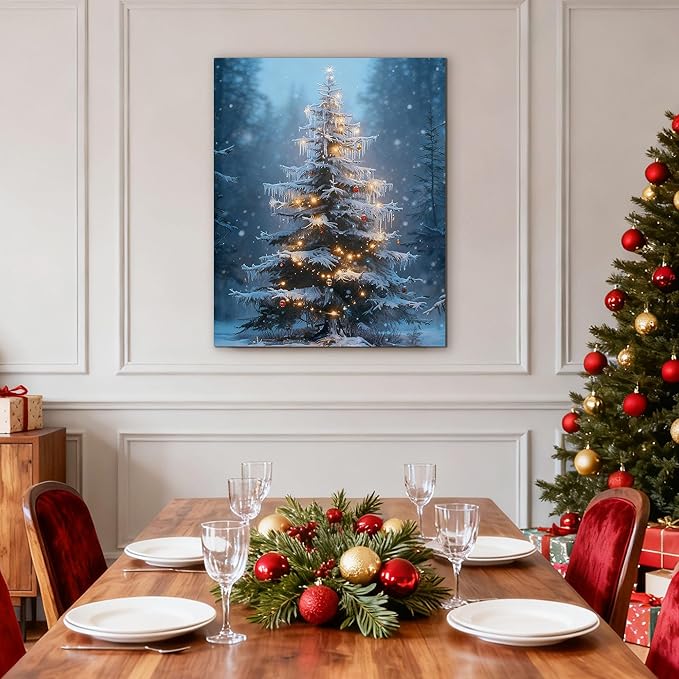 Framed Christmas Pictures Wall Decor,Vintage Pine Tree Prints,Winter Christmas Canvas Wall Art Decoration for Bedroom Bathroom Living Room Rustic Xmas Holiday Gifts (Christmas Tree 15, 16'' X 20'')