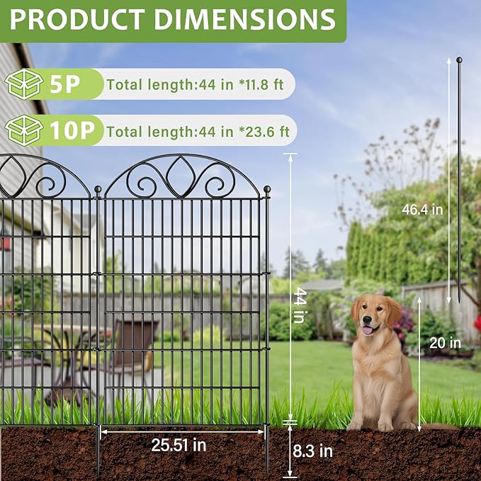 10 Panels No Dig Tall Garden Fence Panel – 44" H X 23.6' L Rustproof Metal Dog Fence Outdoor for Yard, Decorative Animal Barrier Fence for Pet, Garden Border, Patio, Flower Beds| Temporary Fencing