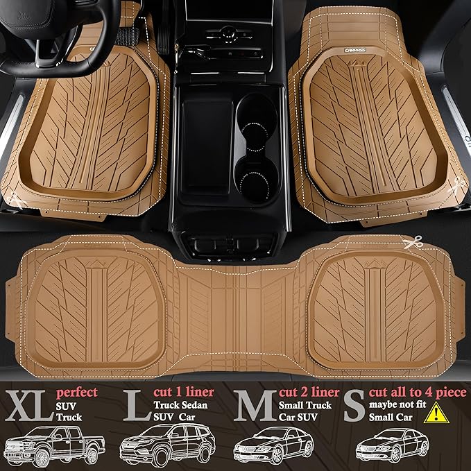 CAR PASS Tire Tread DeepDish Rubber Floor Mats for car Heavy Duty car mats All Weather, Universal XL~M Trim to Fit for Truck SUV Vehicle Automotive, Waterproof car mats 3 piece Solid Beige