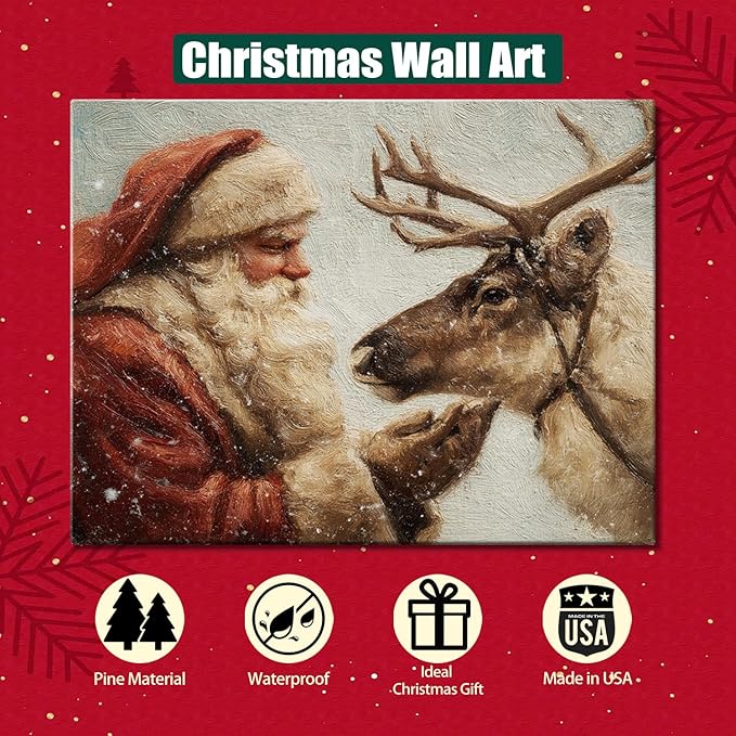 Santa Claus & Reindeer Christmas Canvas Wall Art - Festive Framed Print for Living Room & Office Decor, Ready-to-Hang Christmas Wall Art, Ideal Christmas Gifts & Holiday Decorations