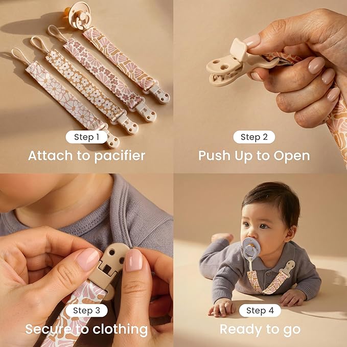 Baby Pacifier Clip Holder - Boy and Girl Unisex 4 Pack Gift Set – Vintage Neutral Checker Teddy Bear Beige and Brown